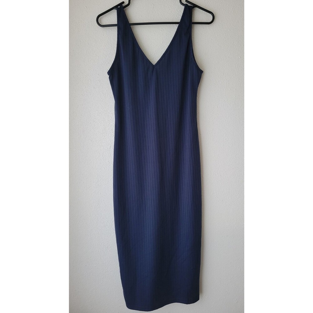 SHEIN Womens L 8/10 Navy Blue Ribbed Midi Dress Sleeveless V Neck Bodycon
